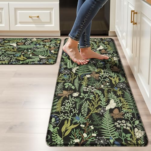 Black Green Botanical Kitchen Rugs Set of 2 Plant Leaf Anti-Fatigue Kitchen Mat Natural Comfort Standing Waterproof PVC Mats 2/5 Thick Leather Carpet for Laundry Office Sink(17.3 x28 + 17.3 x 47)