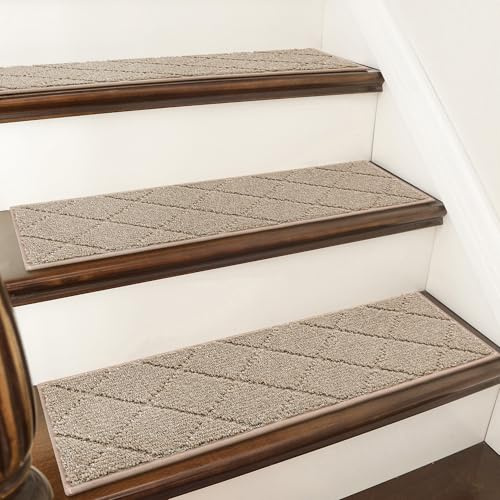 COSY HOMEER Stair Treads 15 Pack, Non-Slip Stair Runners for Indoor Wooden Steps Stairs, 100% Polyester Easy Care & Peel Noice Reduction, 70x22 CM, Beige