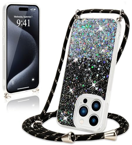 Wirvyuer Handyband für iPhone 15 Pro Max Handyhülle mit Kordel,Schwarz | Glitzer Hülle mit Band zum Umhängen, Halskette Silikon Case mit Schnur, Handykette Schutzhülle mit Kordel