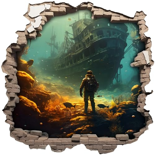 Wandtattoo Wandriss mit Taucher an Schiffswrack Fenster in andere Welt Portal Schiffsfenster Kinderzimmer Wandaufkleber (50x50cm Taucher an Schiffswrack)