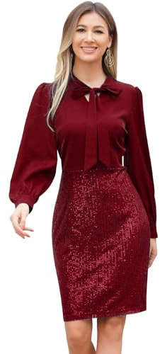 Odizli Cocktailkleid Damen Elegant Vintage Langarm Glitzer Pailletten Knielang Bodycon Eng Kleid Etuikleid Bleistiftkleid Hochzeit Hochzeitsgast Festlich Kurz Abendkleid Partykleid Weinrot XL