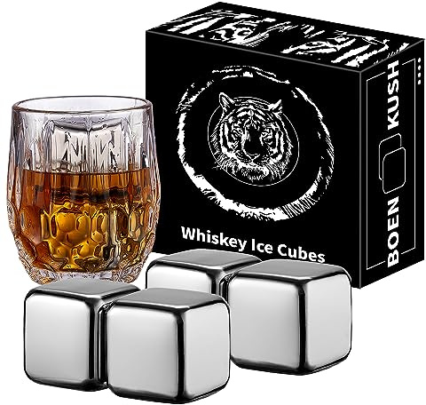 4 Large Whiskey Stones 64 cm³ - Man Gift Set - Reusable Stainless Steel Metal Ice Sphere Cubes Beverage Chilling Rocks Whiskey Stones for Red Wine, Bar Beer, Scotch, Vodka Drinks - Silver