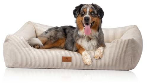 Knuffelwuff Hundebett aus Cord mit handgewebtem Charakter Olivia XL, 105 x 75 cm, Beige, Abnehmbarer Bezug, waschbar, für große, mittlere und kleine Hunde