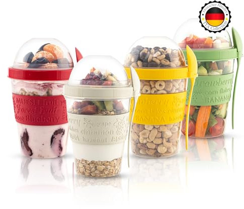 TYA I Müslibecher to go mit Deckel, 4-er Set 600 ml Joghurt Becher mit Löffel zum Frühstück,%100 BPA FREI, Obstbehalter für Overnight Oats, Mini Müsli Schüssel, Meal Prep Box