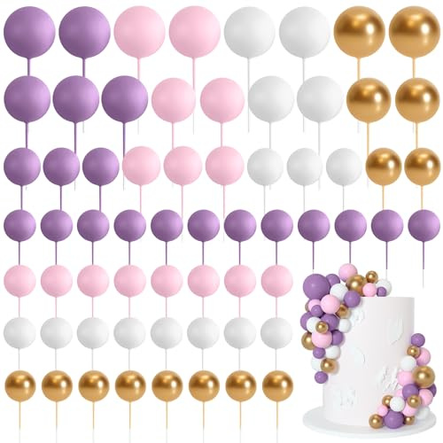 Bouiexye 75 piezas de bolas para tartas y mini globos de decoración – Decoración de cupcakes de espuma para cumpleaños y boda (morado, rosa, dorado, blanco)