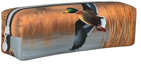 ULKMFFCF Jagd fliegende wilde Ente 1 bedrucktes Leder-Federmäppchen – niedliche Reißverschlusstasche für Schule, Büro, Reisen und Make-up, weiß, Einheitsgröße, Schulranzen