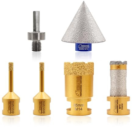 SHDIATOOL Diamant Bohrrone Fliesenbohrer Set - 6Stück(6/6/35MM Diamantbohrer/20MM Fingerbohrer/50MM Fasenbohrer/Sechskant-Schaftadapter) mit M14 Gewinde für Porzellan Fliesen Keramik Granit