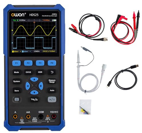 OWON HDS25 2 in 1 Handheld Multi-Function Digital Oscilloscope,25MHz Bandwidth Portable 2 Channel Digital Oscilloscope, 20000 Counts multimeter, with USB Type C and 3.5 Inch LCD Display