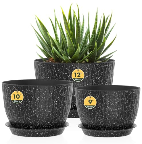 Homeuouz 3er Set Groß Breite Pflanzentopf mit Untersetzer – 30/25/22 cm Kunststoff-Blumentöpfe für Innen & Außen, mit Drainagelöchern, wasserwellige Struktur, Schwarz mit weißen Punkten