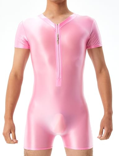 AIEOE Oljeglänsande kroppsdräkt för män, hög elastisk bodysuit oljeglänsande brottning, undertröjor, dragkedja framtill, trikåer, boxershorts, basplagg, kroppsdräkt i ett stycke för myskläder, Rosa,