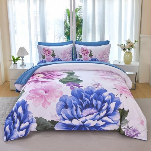 ZSYAYAHA Floral Bed Sets Blue King Bedding Set 7 Pieces Pink Floral Comforter Set for Women Soft Fluffy Poney Flower Bed in A Bag with Sheets(Blue, King)