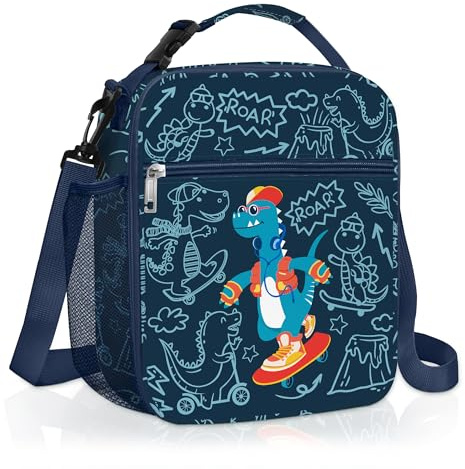 Clastyle Monster Insulated Kids Lunch Bag Large Thermal Cooler Bag for Boy Picnic School Lunch Box Tote, Skateboard Dinosaur