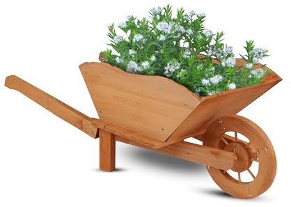 M&H Wheelbarrow Planter Rustic Outdoor Garden Wooden Wheelbarrow Planter with Handles & Wheel Wooden Plant Stand Garden Large Flower Pot for Patio Yard Porch