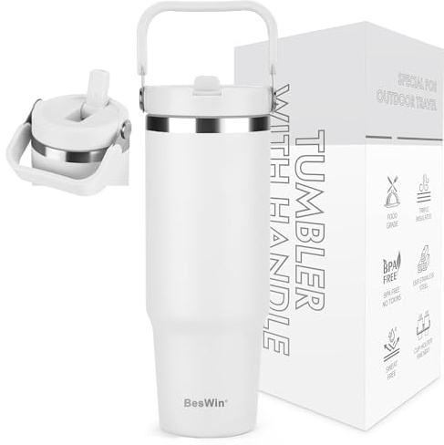 BesWin Thermobecher 30oz Edelstahl Trinkflasche mit Strohhalm - 0.89 Liter Trinkbecher mit Henkel auslaufsicher - Flip Straw Tumbler - Doppelwandige Vakuumisolierung - Hält 10+ Stunden Kalt - Weiß