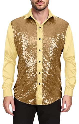 AIEOE Disco topp för män långärmad skjorta metallisk skjorta glittrande glänsande paljett nattklubb button down party topp guld
