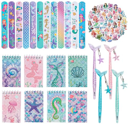 TIVUNORON 78 Stück Meerjungfrau Kindergeburtstag Gastgeschenk, Meerjungfrau Party Mitgebsel mit Notizbuch Gel-Tintenstift Armbänder Kinder Tattoos, Partyfüller für Kinder und Mädchen