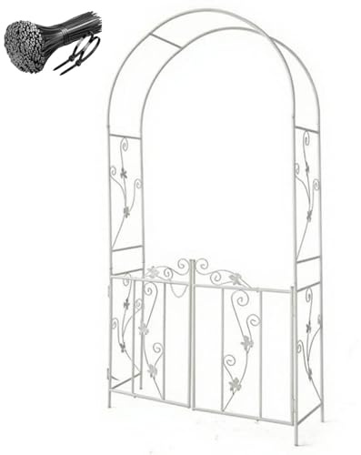 Generisch Gartenbogen Torbogen aus Eisen mit Tür, B 110 x H 214 x T 37 cm, Rosenbogen Rankhilfe im Freien für Kletterpflanzen, Rankgitter Dekoration Rasen Terrasse Hinterhof, Schwarz Weiß(Weiß)