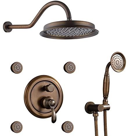 Jings Shower System Antique Brass, 9 Rain Shower Head with Handheld Spray and Body Jets, Wall Mounted Shower Faucet Sets, Bathroom Mixer Tap Household faucets
