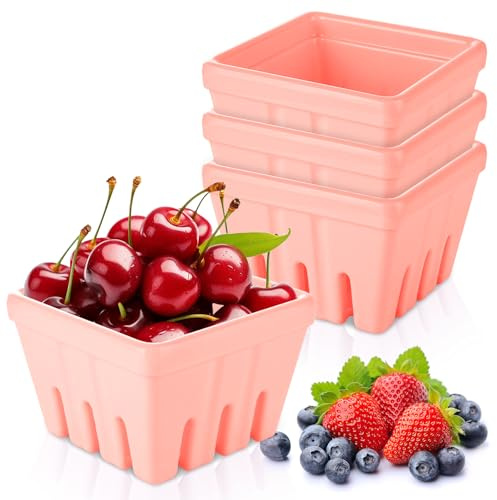 DALAVE 4 Pack Ceramic Berry Basket Pink 4.3 inch Ceramic Berry Bowl With Holes Square Kitchen Fruit Basket Berrys Colander for Veggie, Berries, Fruits, Home Decor
