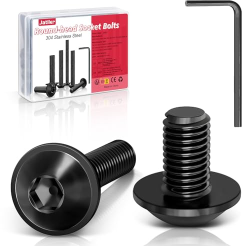JatilEr 10 tornillos de cabeza alomada M8 × 16, hexágono interior, tornillo de cabeza semirredonda con brida, tornillos de acero inoxidable 304, negro, A2 V2A, rosca completa con llave Allen