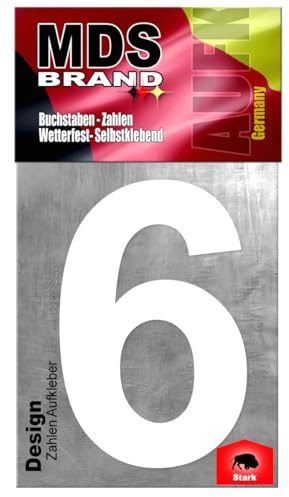 MDS Brand Design 20cm Zahlen Aufkleber | Selbstklebende Hausnummern zum aufkleben | Klebezahlen für Mülltonne, Briefkasten, Hausnummer & Auto | Optimal für Außen & Innen (Weiss, 6)