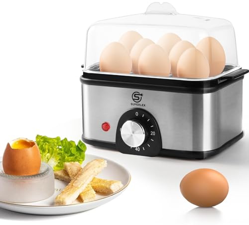 SUPERLEX Eierkocher Edelstahl 8 Eier Egg Boiler, 2-in-1 elektrischer Dampfgarer, mit Zeiteinstellung zur Härteeinstellung, 60-Minuten-Timer, automatische Abschaltung zum Überhitzungsschutz, BPA-frei