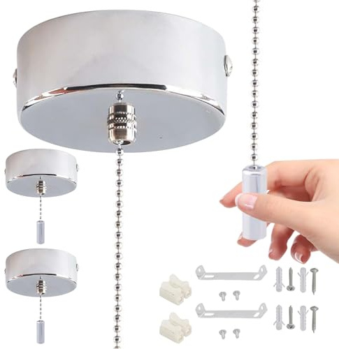 2 PCS Pull Cord Light Switch Bathroom with Chrome Cylindrical Handle, 150 Cm Bathroom Light Pull Cord Kit for Utility Room, Wet Room, Bedrooms, Living Rooms