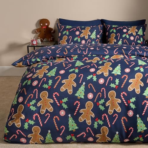OHS Kids Single Duvet Cover Set, Super Soft Warm Christmas Bedding Comfy Cosy Boys Girls Bedding Stylish Gingerbread Man Quilt Kids Duvet Cover Single with Pillowcase, Navy