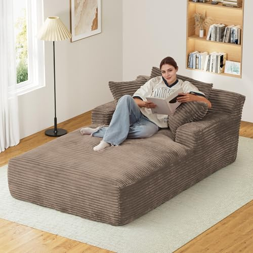 DAMAIFROM Oversized Chaise Lounge Chair Indoor, 50 W x 76 D Plush Corduroy Boneless Chaise Lounge with Thickened Backrest & Deep High Seat Comfy Reading Chair - Camel