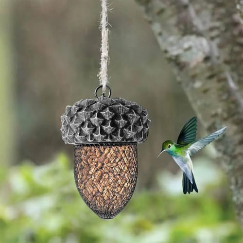 PAEFIU Futterspender Eichel, Wildvogel Futterstelle, Hängend Futterstelle inkl Aufhängevorrichtung, Vogelfutterspender Erdnüsse, Polyresin Metall Wetterfest Futtersilo Wildvögel, 9 x 12 x 21 cm