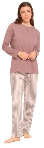 TRAMAS+ Pigiama Donna 100% Cotone, Pigiama Lungo Donna, Completo Maglia Maniche Lunghe e Pantaloni Lunghi con Vita Regolabile - M, Raya Kodac Berenjena Seco