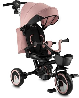 MoMi IVI Kinderdreirad, Tricycle mit 360 °-Sitz mit 3-Punkt-Sicherheitsgurt, Fußstütze, Sonnendach, PU-Räder, Schiebestange, abnehmbare Tasche und Transportkorb für Spielzeug