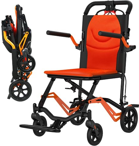 Lightweight Transport Wheelchair, Portable Wheelchair for Adults & Seniors with Removable Armrests, Dual Brakes & All-Terrain Wheels, Supports 220 Lbs