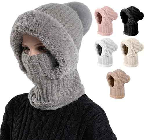 Damen Strickmütze im Herbst und Winter, 2025 Neue 3 in 1 Winter Kältebeständige Mütze Gesichtsmaske Kapuzenschal, grau, One size