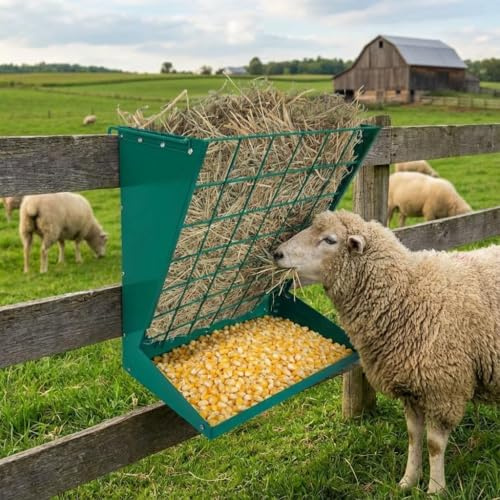 Großes Heuraufe, 2 In 1 Große Heu-Futterspender Futterautomat mit Heu- und Getreide-/Salzfutterautomat, 60cm Hängende Futterraufe aus Stahl für Schafe, Ziegen & Pferde im Innen- & Außenbereich-Grün