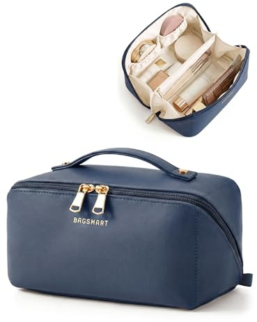 BAGSMART Makeup Bag Travel Cosmetic Bag, Large Make Up Bag Flat Open Toiletry Bag for Women, PU Leather Travel Essentials Organizer Case, Wide-open Pouch Purse for Skincare, Brushes, Deep Navy