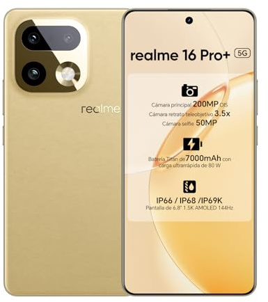 realme 16 Pro+ Smartphone 5G Móvil,Pantalla AMOLED 6,8''1,5K 144 Hz, 12+512GB,Cámara 200MP OIS & Lente Teleobjetivo 3,5X,Batería 7000mAh (Dorado, 512, GB, 12, GB)
