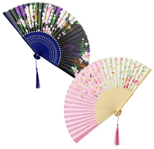 Mtbricey 2Pcs Chinese Folding Hand Fans Silk Paper Fans with Bamboo Frame Foldable 21cm/8.27In Portable Summer Cooling Handheld Fan for Heat Relief Vintage Decor Fans for Dancing Wedding Cosplay Gifts