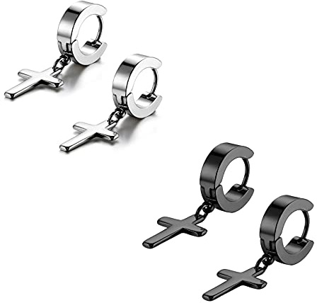 Flongo Herren Ohrstecker Creolen Damen Ohrringe, Edelstahl Ohrstecker Ohrringe Silber Schwarz Gold Stecker Runden Kreuz Anhänger Jahrgang Männer, Frauen