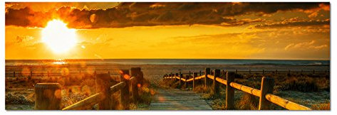 Paul Sinus Art Panoramabild auf Leinwand und Keilrahmen 150x50cm Strand Dünen Steg Meer Sonnenuntergang