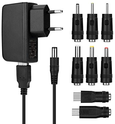 Aukru Alimentatore Universale con 8 Adattatori Switching Plugs per 5V Elettronica Domestica e Dispositivi USB - 2000mA Max