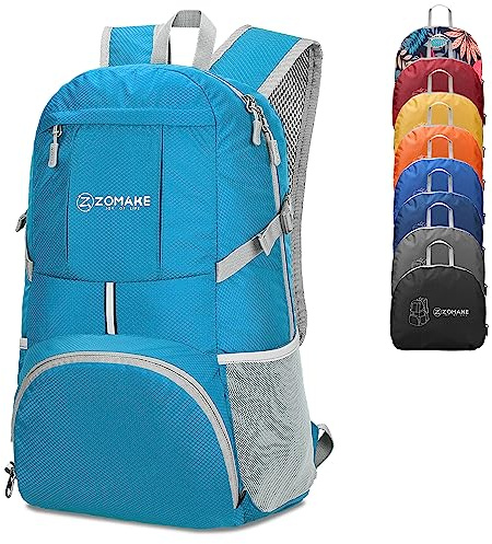 ZOMAKE Lightweight Foldable Backpack, Packable Rucksack 35L Folding Small Back Pack Foldaway Ultralight Daypack Collapsible for Women Men Travel Hiking Walking (Light Blue)
