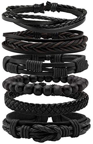 MILAKOO 6 Pcs Black Braided Leather Bracelets for Men Women Cuff Wrap Wristbands