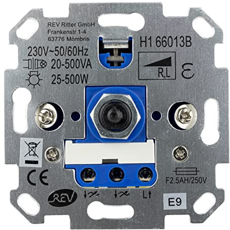 REV Technik Dimmer - Helligkeitsregler 25-500W, 230VAC, Trafol.: 20-500VA, silbern