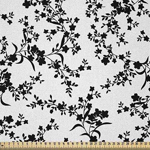 ABAKUHAUS Blumen Stoff als Meterware, Barock Bloom Vintage, Microfaser Stoff für Dekoratives Basteln, 1M (230x100cm), Weiß und Schwarz