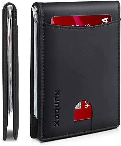 RUNBOX Slim Wallet for Men Genuine Leather RFID Blocking Bifold Minimalist Front Pocket Mens Wallet with Money Clip Thin Gift Box