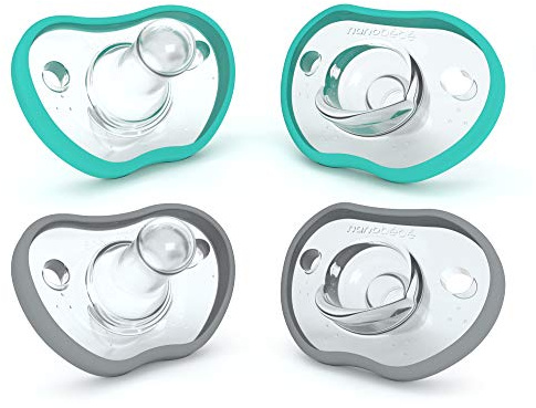 Nanobebe Baby Schnuller 0-3 Monate - kiefergerecht, passend für Gesichtskonturen gebogen, preisgekrönt für gestillte Babys, 100% Silikon, BPA-frei, Baby-Wunschliste Geschenk, 4er-Pack, Blaugrün/Grau