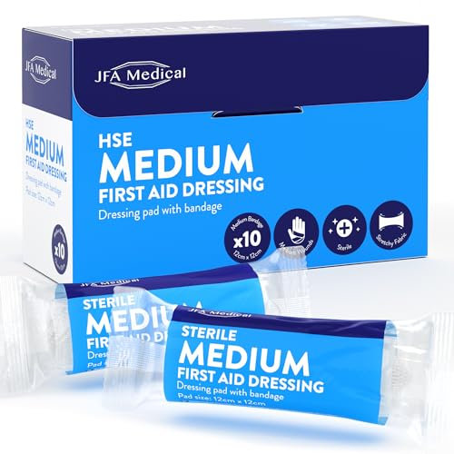 JFA Medical HSE Medium Sterile First Aid Wound Dressing Bandage with Pad 12 x 12cm - Pack of 10 Bandages