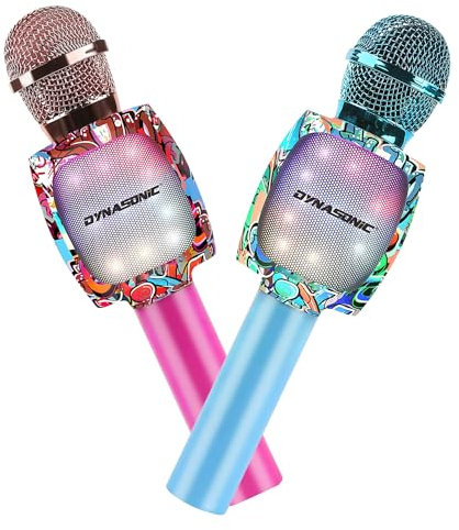 DYNASONIC Microfono per karaoke Bluetooth, giocattoli per bambini e bambine, microfono senza fili, portatile, con luci LED per bambini, regali originali per bambini (Pack 2 microfoni), Multicolore