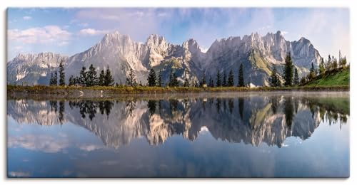 ARTLAND Wanddeko Leinwand Bilder Wandbild 60x30 cm Landschaft Berge Alpen Bäume See Spiegel Wilder Kaiser Tirol U3VB